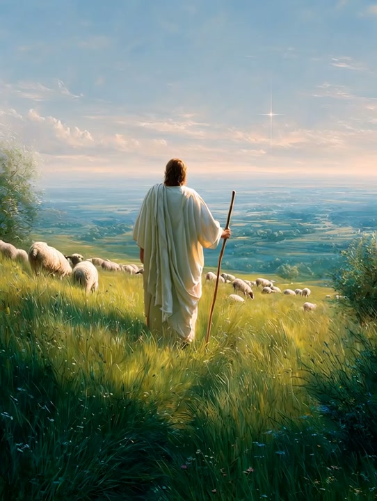 grass blows in the wind, Akira Kurosawa style as sheep traverse through the pasture, and the shepherd's garment flows gracefully